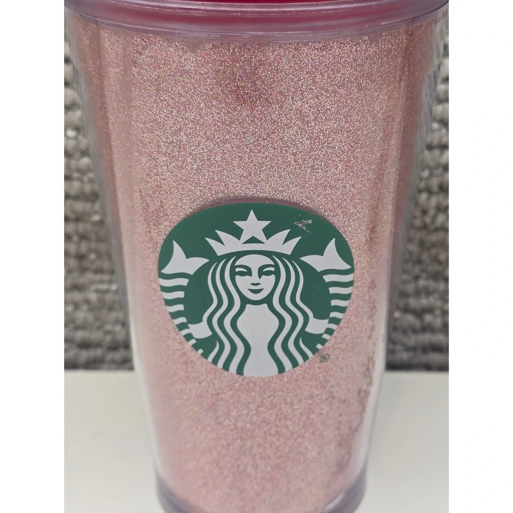 Starbucks 2014 Pink Glitter Cold Cup‎ Tumbler 16oz Grande Red Lid and Straw